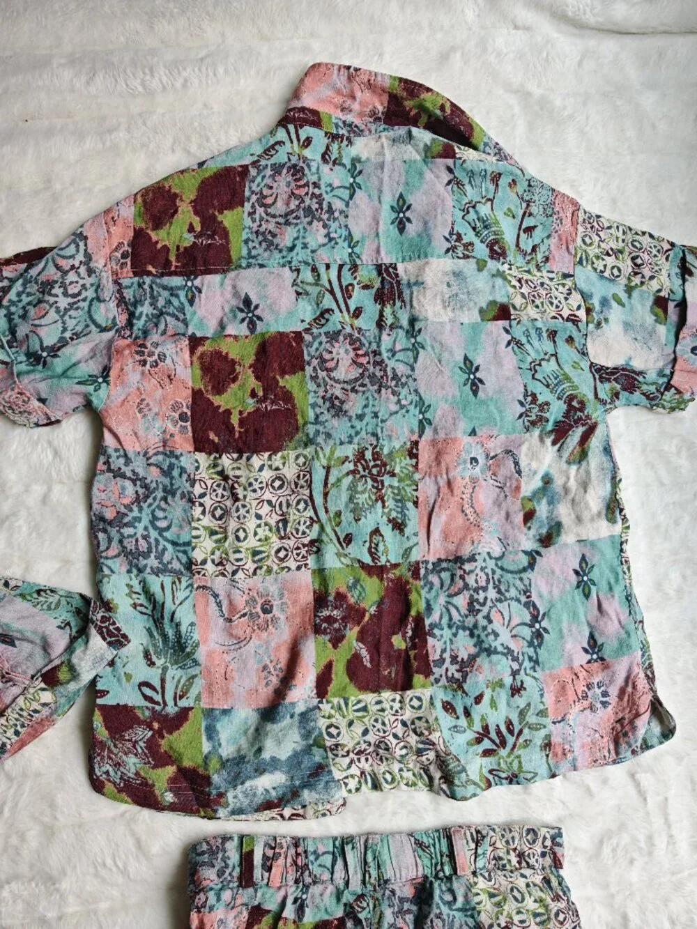 Free People 3 Piece Patchwork Linen Blend Set S Boho Kimono Shorts Bralette Fest